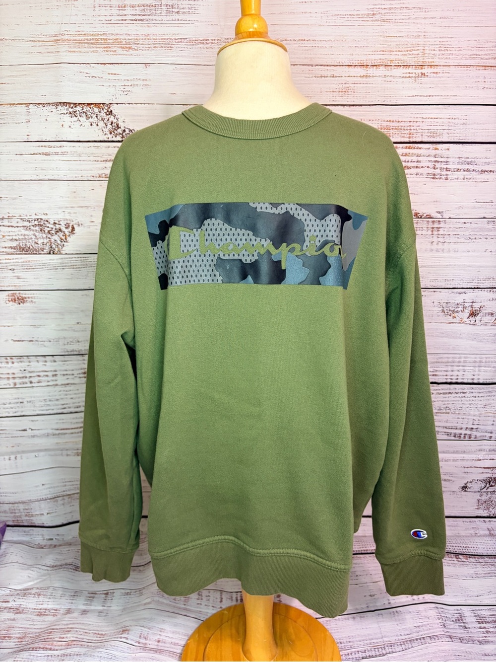 Champion Green Crewneck Sweatshirt with Camouflage Logo Panel
